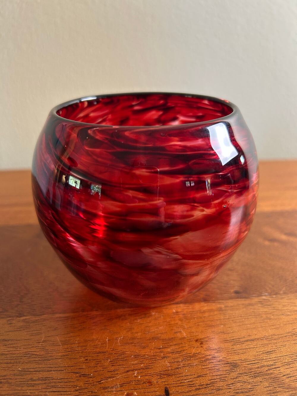 Votive, Hand Blown Art Glass with Red Black Spiral Marbled Design